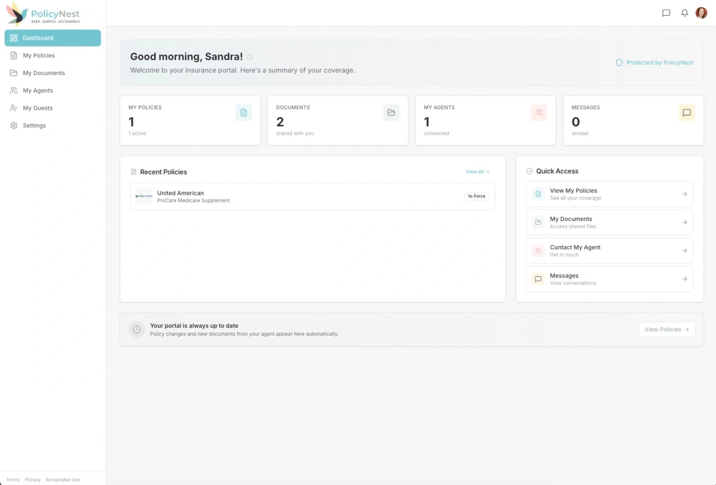 PolicyNest client dashboard showing policies, documents, and messaging